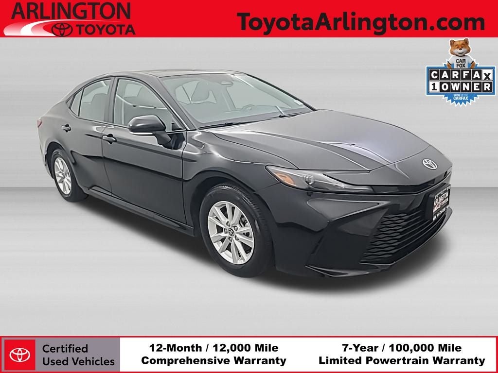 2026 Toyota Camry LE in Midnight Black Metal — front three-quarter view