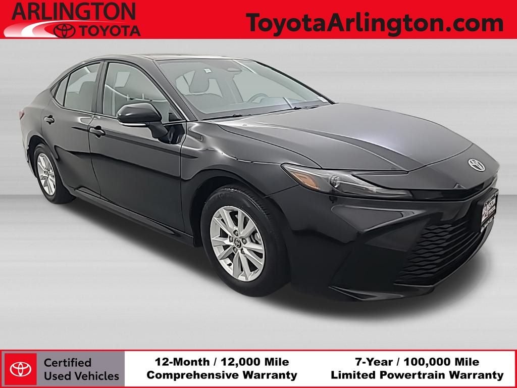 2026 Toyota Camry LE in Midnight Black Metal — front three-quarter view