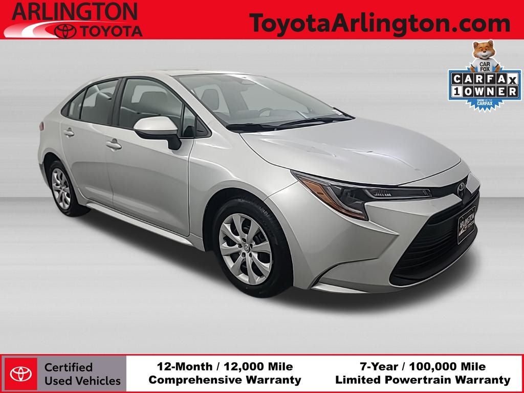 2025 Toyota Corolla LE in Silver Me. — front three-quarter view