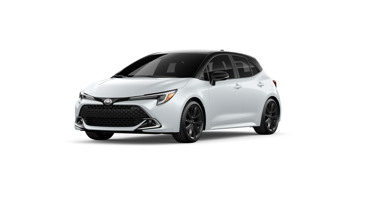 2027 Toyota Corolla Hatchback XSE in Wind Chill Pearl With Black Roof — front three-quarter view